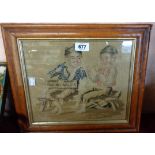 Three framed 19th Century woolwork pictures, two in maple frames