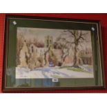 Angus Rands: a framed watercolour, depicting a view of a ruined church - signed