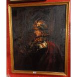 A gilt framed oil on canvas laid on board of a Roman soldier wearing 'The Golden Helmet'