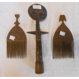 Two African carved wood combs - sold with a ethnic tribal carved wood fertility figure