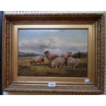 An ornate gilt gesso framed and slipped oil on canvas, depicting sheep grazing in a moorland