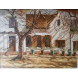 An oil on canvas laid on board, depicting a sunny courtyard - indistinctly signed and indistinctly
