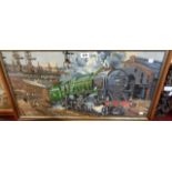 A framed tapestry panel depicting a locomotive