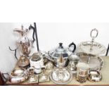 A quantity of silver plated items including Walker & Hall ewer, chamber stick, travelling flask