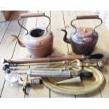 A box containing copper and brassware including kettle, garden sprayers, tap, etc.