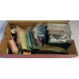 A box containing a quantity of embroidery threads, fabric, etc.