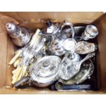 A box containing a quantity of silver plated items including sugar caster, candlesticks, teaware,