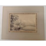 Jean-Henri Bauman: an unframed mounted monochrome watercolour, depicting figures on a riverbank,