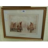 A gilt framed 19th Century watercolour, titled on strip 'The Harbour, Calais, 1860'