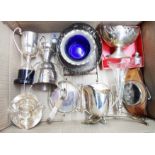 A box containing a quantity of silver plated items including trophy cups, small pedestal bowl and