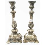 A pair of 12 1/4" German marked 835 white metal ornate hollow cast candlesticks - stamped Freytag