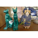 A pair of malachite style Egyptian cats - sold with an Oriental carved wood figure