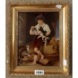 A gilt framed chrystoleum, depicting a young boy in an interior with crayfish, dog and cat