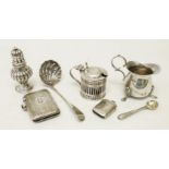 Two silver vesta cases, associated condiments, cream jug and sifter spoon