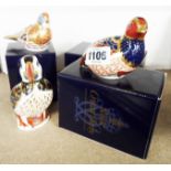 Three boxed Royal Crown Derby paperweights comprising Linnet and Partridge with gold stoppers and