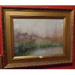Arthur Legge: an ornate gilt framed watercolour, depicting a rural pool with kingfisher and