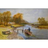 L. Boucher: a framed watercolour, depicting a river scene - dated 1949