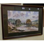 Angus Rands: a framed watercolour, depicting a river landscape with cattle - signed