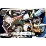 A box containing a quantity of metalware including kettle, watering can, flat irons, etc.
