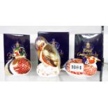 Three boxed Royal Crown Derby paperweights comprising Mallard Duck with gold stopper, Pheasant and