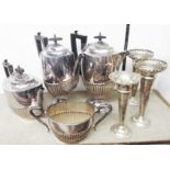 A silver plated four piece tea and coffee set - sold with three trumpet vases