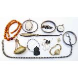 A 9ct. gold cased vintage lady's wristwatch, various silver bangles, fob watch, ARP badge, locket