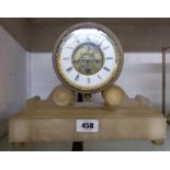 A late Victorian alabaster cased drum and scroll mantel timepiece with visible works to dial centre