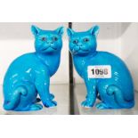 A pair of Chinese turquoise glazed cats - height 6"