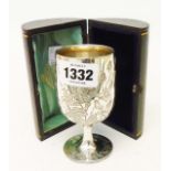 A leather cylindrical cased Victorian silver wine goblet with engraved floral decoration and
