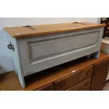 A 3' 9 1/4" modern part painted pine locker chest with iron hinges and flanking carrying handles
