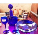 Two modern Bristol blue glass goblets, decanter and dish