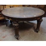 A Victorian stained oak extending dining table with moulded edge and two leaves, set on massive