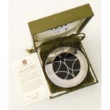 A boxed Christofle white metal purse mirror with Chinese lacquer decoration, certificate and pouch