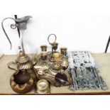 A quantity of silver plated items including wine ewer, egg cruet and flat-pack stands