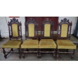 Seven Jacobean Revival barley twist dining chairs comprising a set of four panel backs with lion top