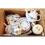 A box containing a Royal Doulton Burgundy pattern part tea set including teapot and other decorative