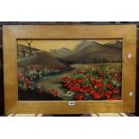 A polished wood framed modern oil on panel Iranian poppy fields - signed with initials