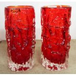 Two Whitefriars bark pattern vases in ruby colourway - height 6"