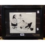 Norma: two ebonised framed ink cartoons, one of Moretonhampstead interest