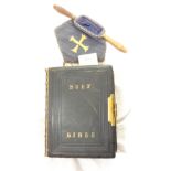 A Victorian leather bound Eyre & Spottiswoode Holy Bible - sold with a vintage offering bag