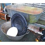 Two old galvanised baths - sold with two metal wall plaques