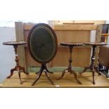 Four assorted pedestal wine tables all with tripod bases - sold with a reproduction tilt-top tea