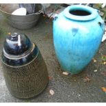 A 26" blue glazed terracotta oil jar with loop handles - sold with textured pottery and glazed