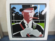A VINTAGE ENAMEL SIGN, depicts image of a man wearing a top hat and white gloves, pinning lucky
