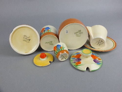 A COLLECTION OF CLARICE CLIFF CROCUS PATTERN WARES, comprising two circular preserve pots and - Image 2 of 19