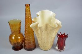 A GROUP OF COLOURED GLASS VASES AND BOWL, to include an Italian Empoli vase, a red cased vase with