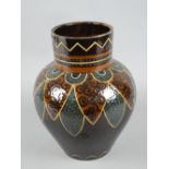 A LATE 19TH CENTURY WEDGWOOD EARTHENWARE BALUSTER VASE, dark brown glazed ground, the deep neck tube