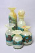 A GROUP OF MDINA GLASS, to include two tall decanter style vases and three smaller examples, all