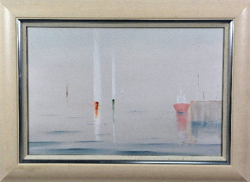 J. STEGGALL (CONTEMPORARY), 'Early Morning', boats by harbour wall on calm sea, oil on canvas,