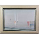 J. STEGGALL (CONTEMPORARY), 'Early Morning', boats by harbour wall on calm sea, oil on canvas,